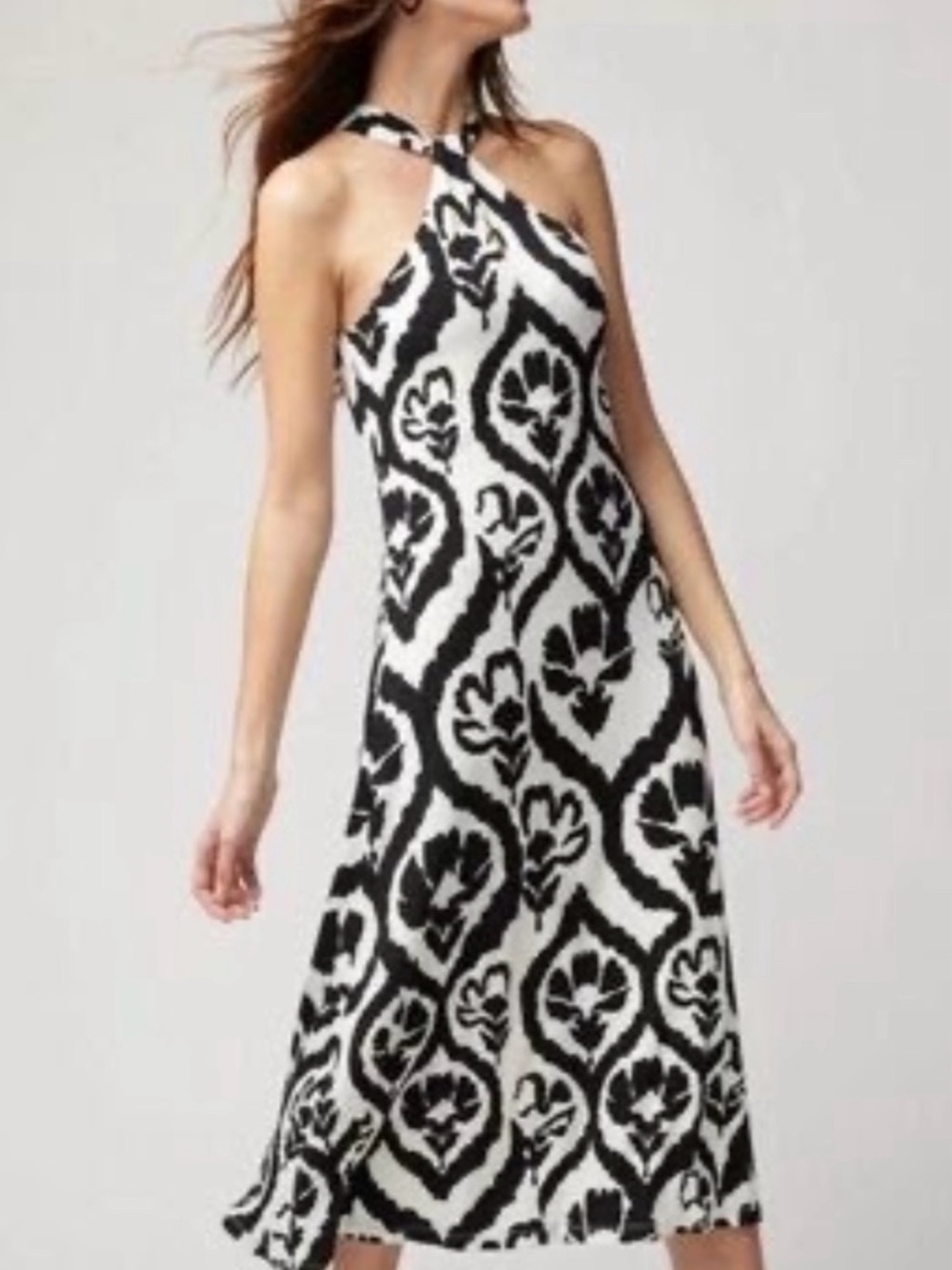 White House Black Market Black & White Ikat Print Halter Midi Dress, NWT, Size 4